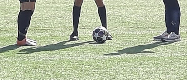 Fotbollsspelares ben och fotboll på gräs.